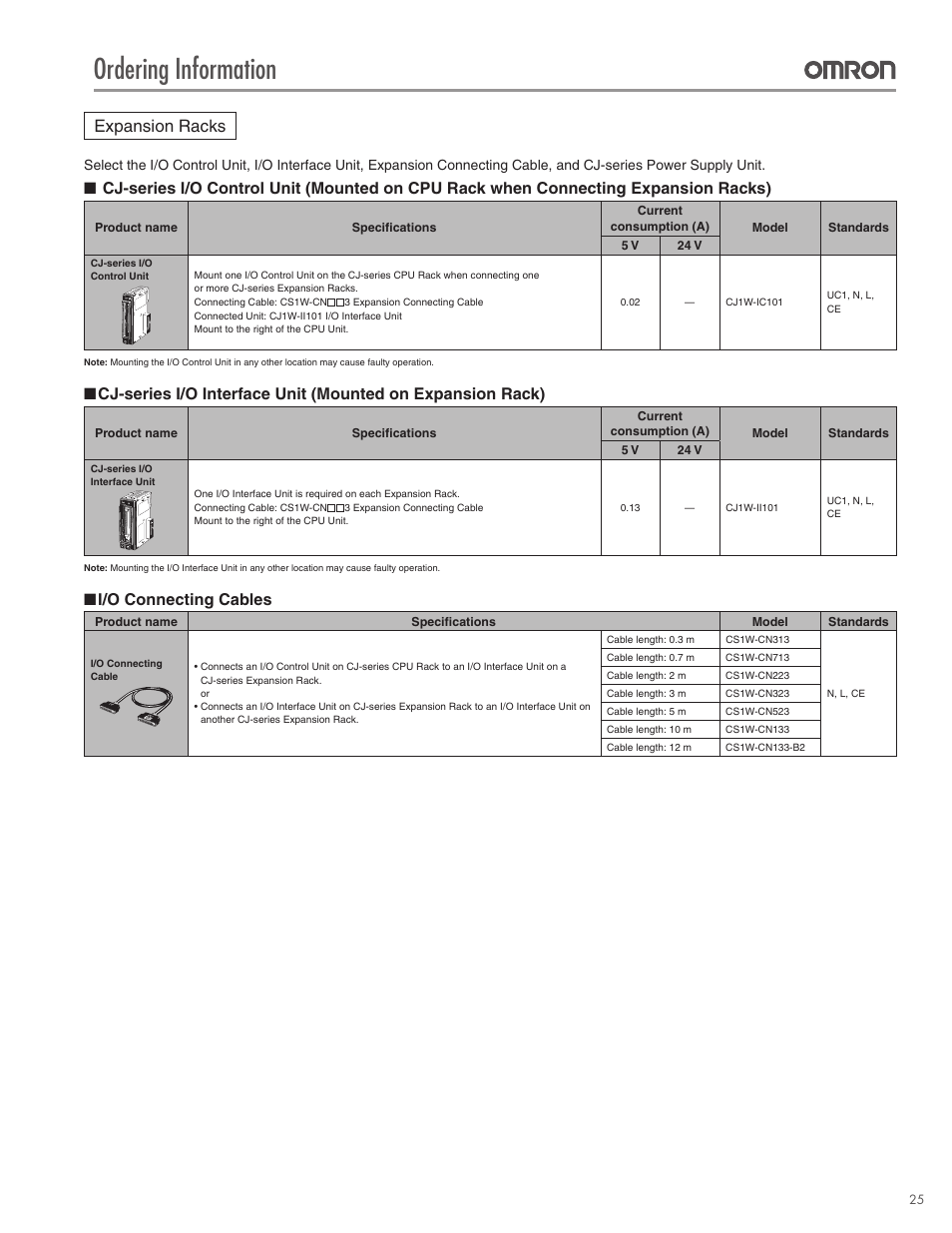 Ordering information, Expansion racks, I/o connecting cables | Omron CPU Unit CJ2 User Manual | Page 25 / 40