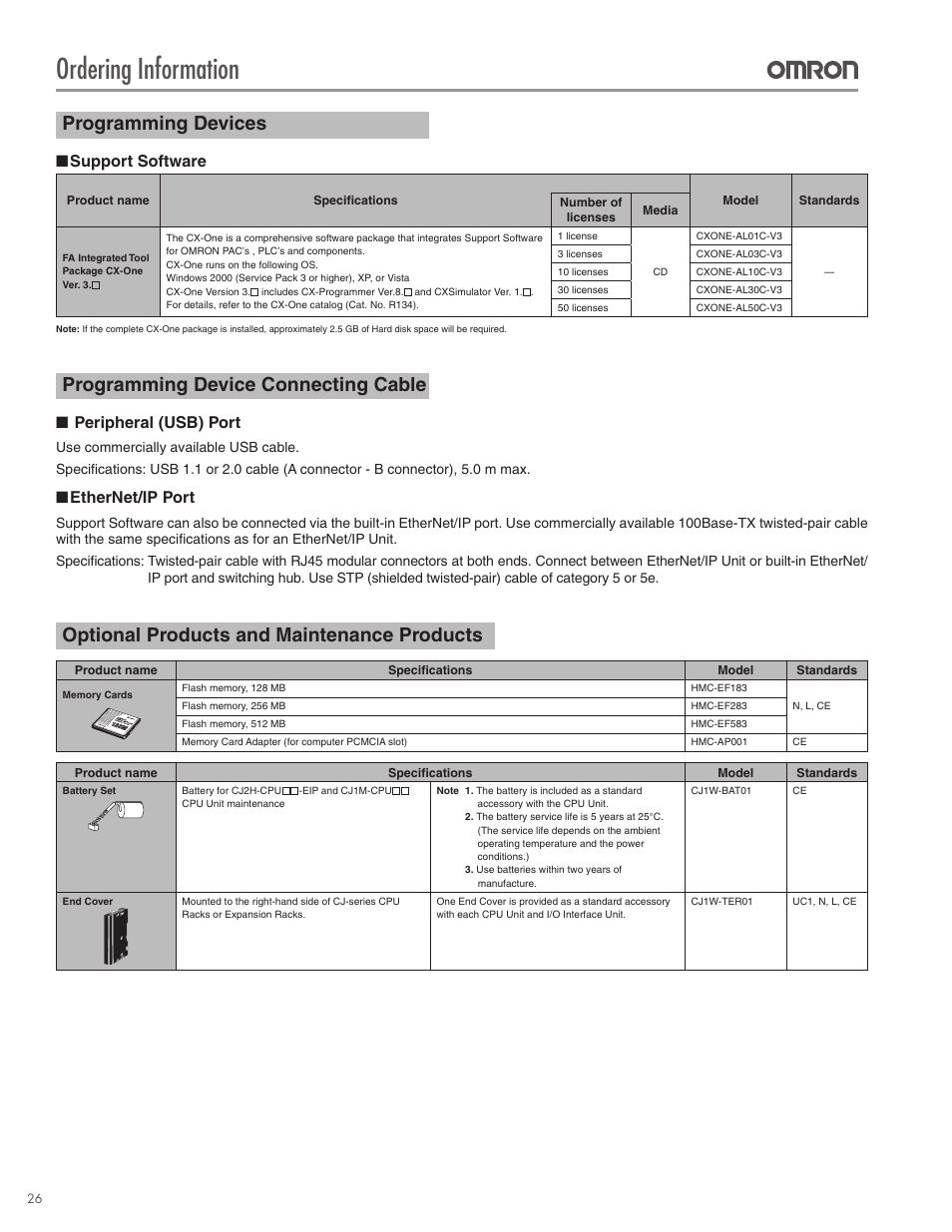 Ordering information, Programming devices, Programming device connecting cable | Optional products and maintenance products, Support software, Peripheral (usb) port, Ethernet/ip port | Omron CPU Unit CJ2 User Manual | Page 26 / 40