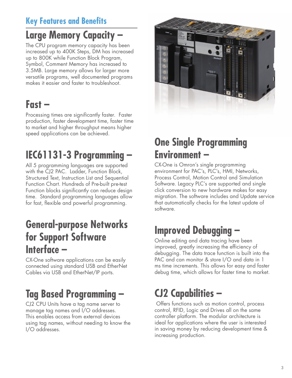 Fast, Tag based programming, One single programming environment | Improved debugging, Cj2 capabilities, Key features and benefits | Omron CPU Unit CJ2 User Manual | Page 3 / 40