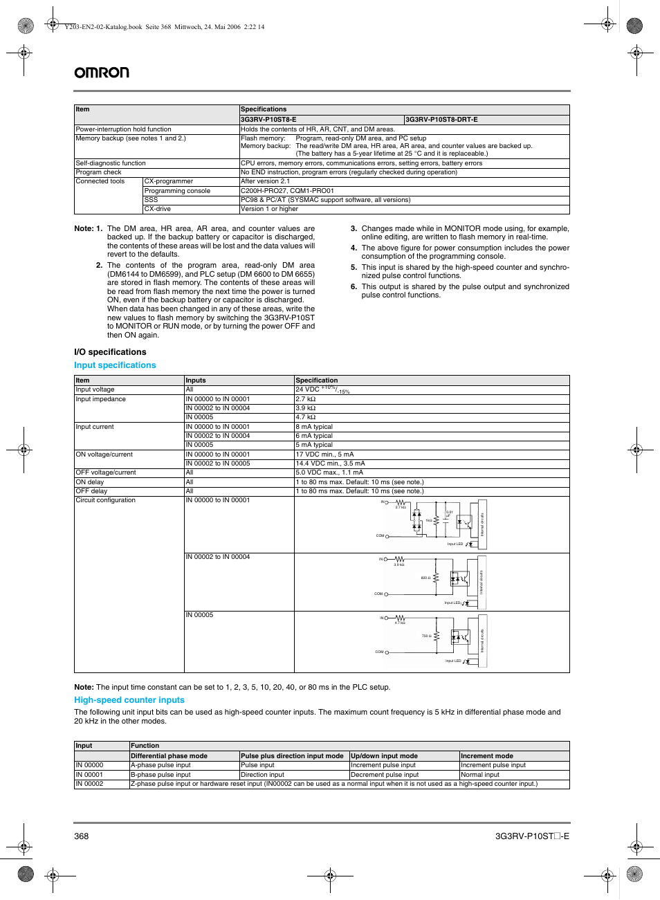 I/o specifications input specifications, High-speed counter inputs | Omron E7 User Manual | Page 4 / 12