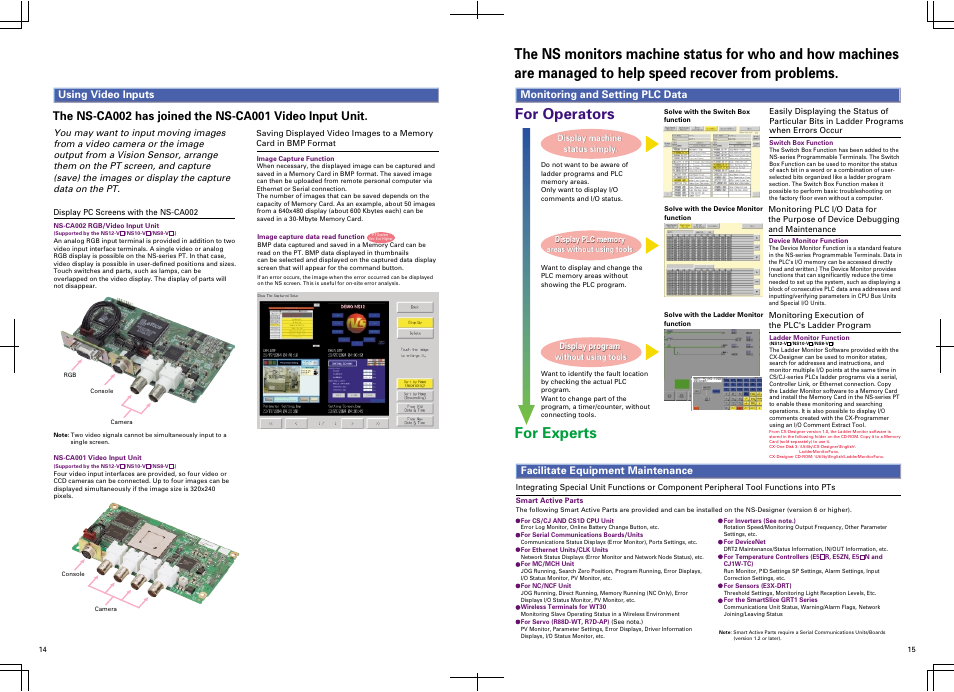For operators for experts, Using video inputs, Monitoring and setting plc data | Facilitate equipment maintenance | Omron NS8-V2 User Manual | Page 8 / 13