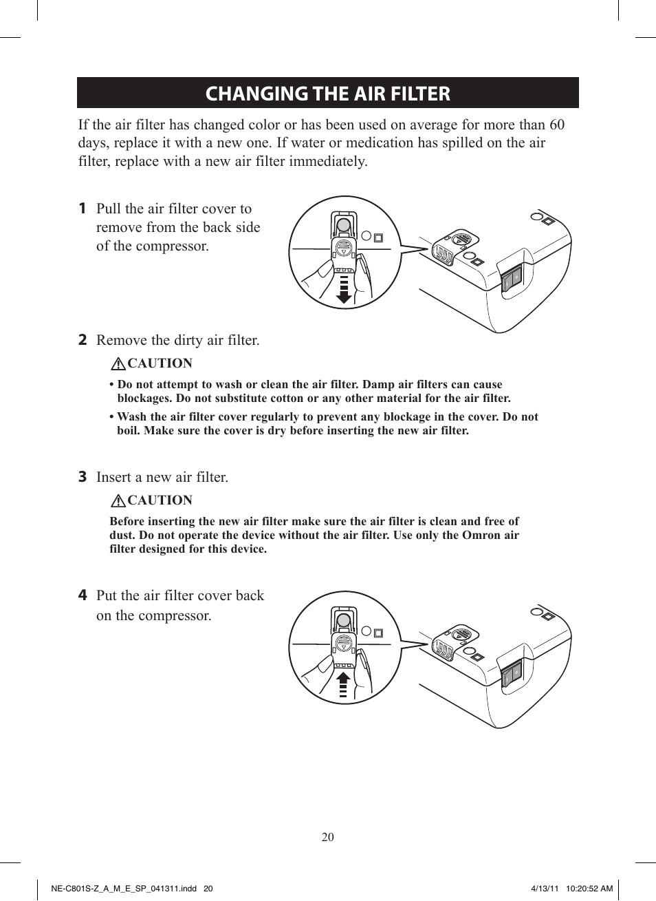 Changing the air filter | Omron NE-C801 User Manual | Page 20 / 32