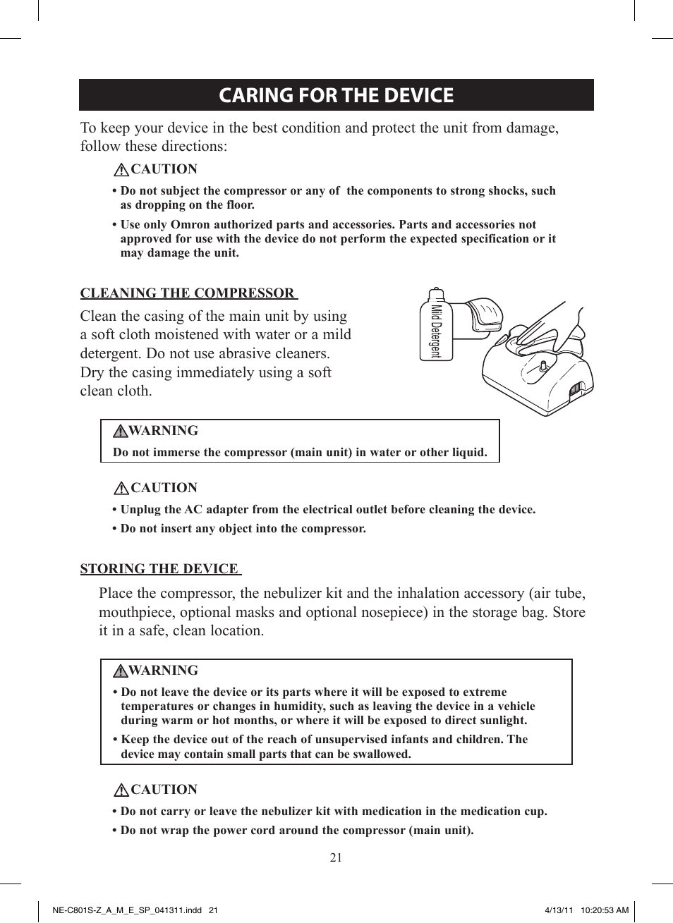 Caring for the device | Omron NE-C801 User Manual | Page 21 / 32