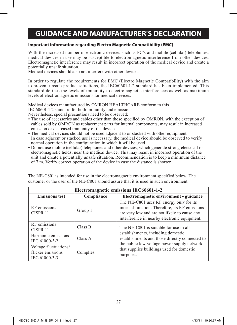 Guidance and manufacturer's declaration | Omron NE-C801 User Manual | Page 27 / 32