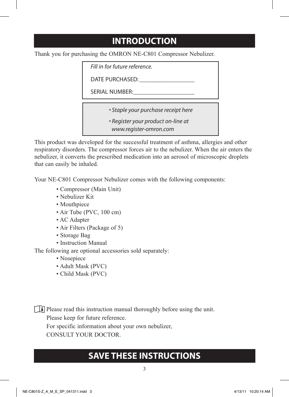 Introduction, Save these instructions | Omron NE-C801 User Manual | Page 3 / 32