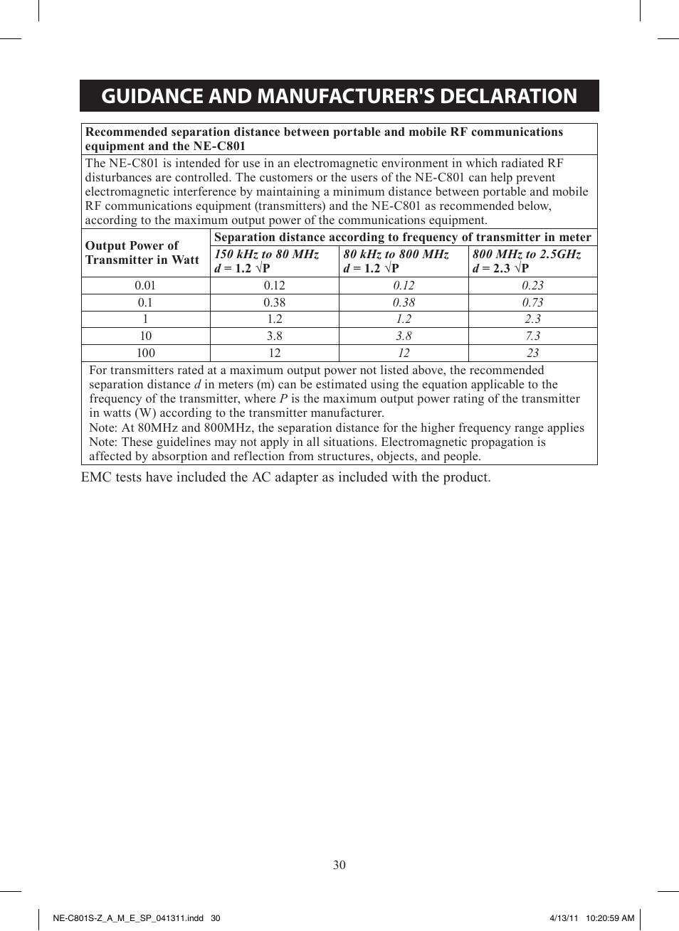 Guidance and manufacturer's declaration | Omron NE-C801 User Manual | Page 30 / 32