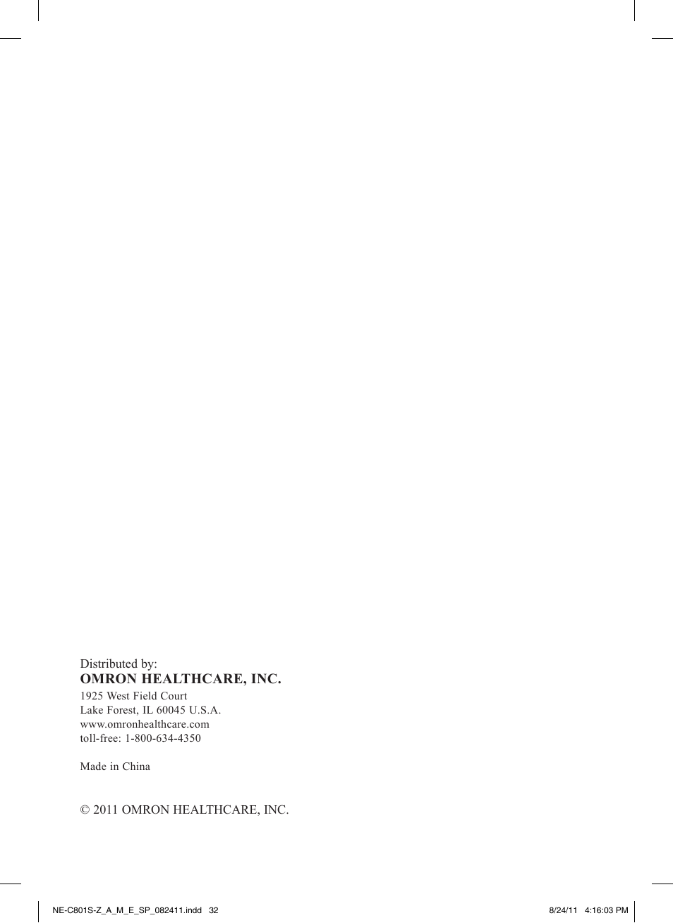 Omron healthcare, inc | Omron NE-C801 User Manual | Page 32 / 32