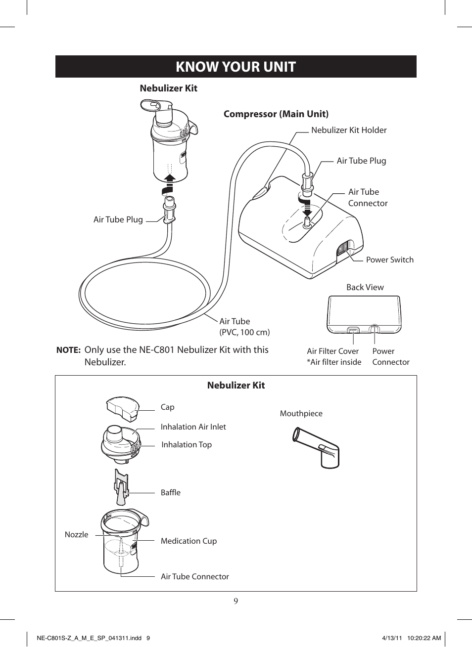 Know your unit, Components and replacement parts | Omron NE-C801 User Manual | Page 9 / 32