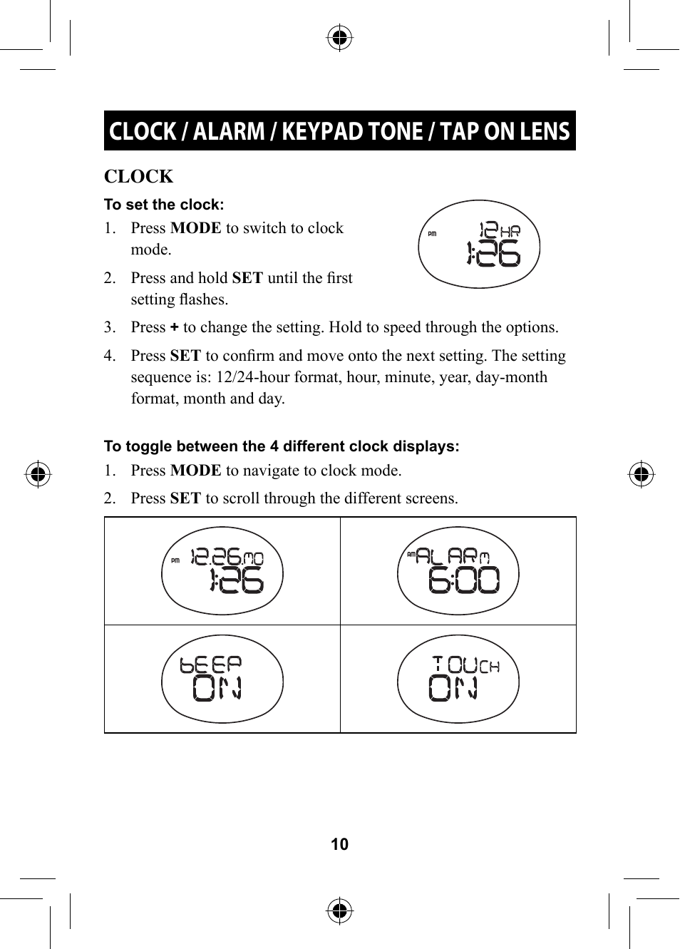 Operating instructions, Clock / alarm / keypad tone / tap on lens | Omron HR-310 User Manual | Page 10 / 32