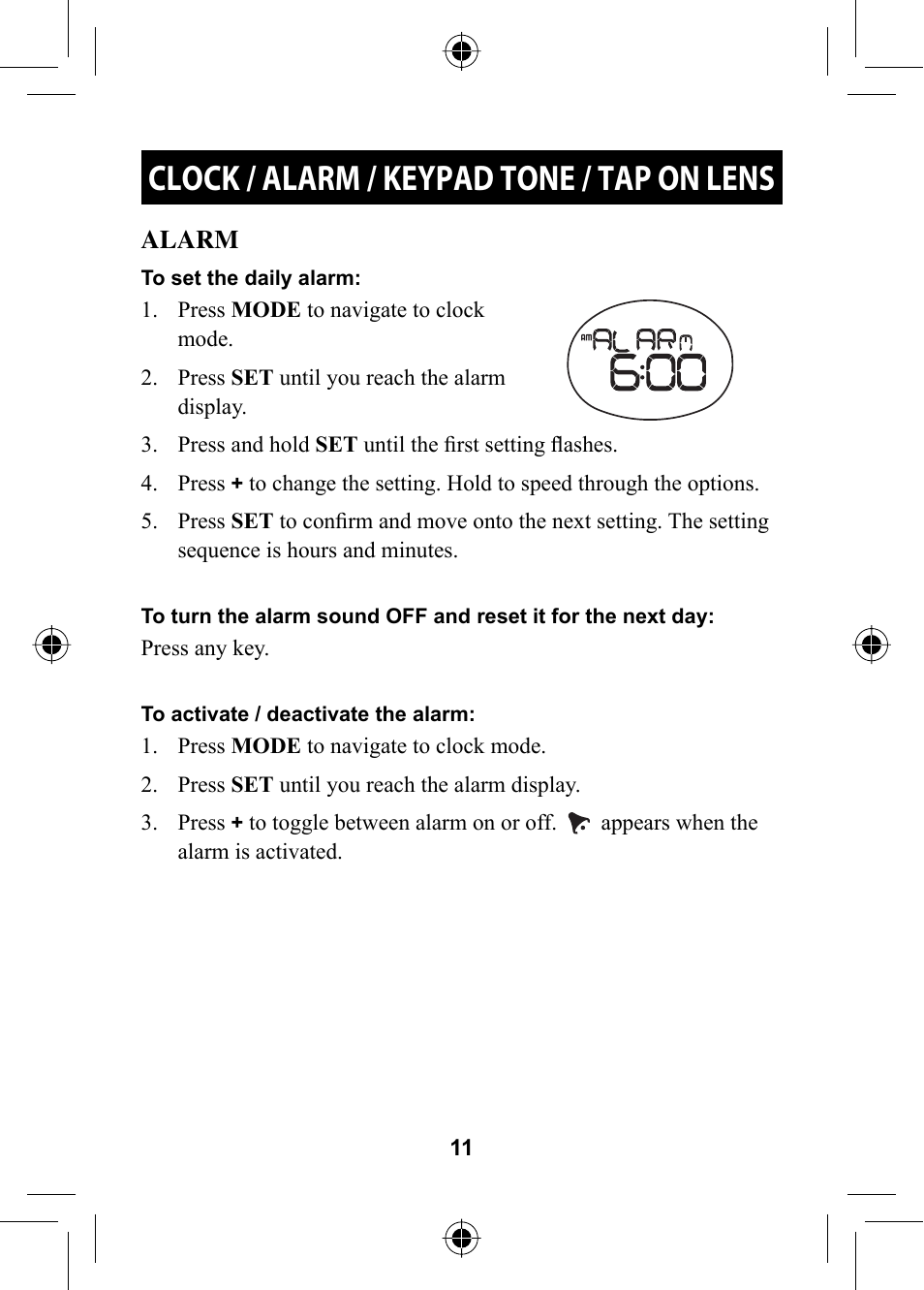 Clock / alarm / keypad tone / tap on lens | Omron HR-310 User Manual | Page 11 / 32