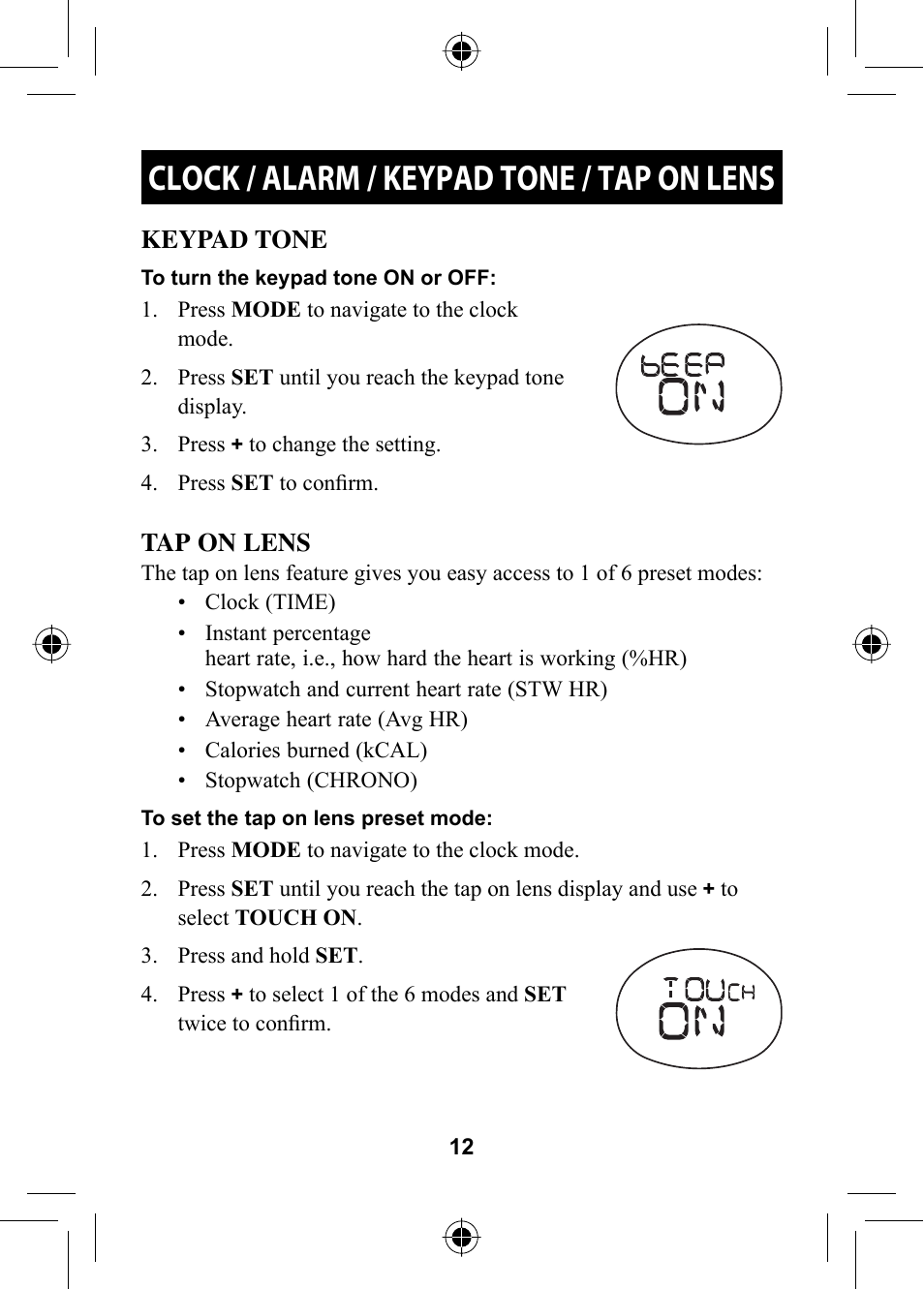 Clock / alarm / keypad tone / tap on lens | Omron HR-310 User Manual | Page 12 / 32