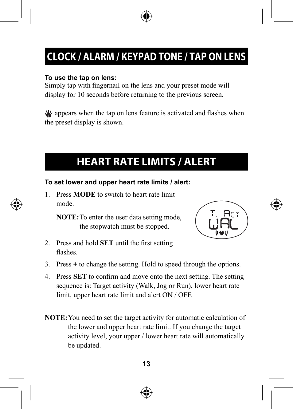 Heart rate limits / alert, Clock / alarm / keypad tone / tap on lens | Omron HR-310 User Manual | Page 13 / 32