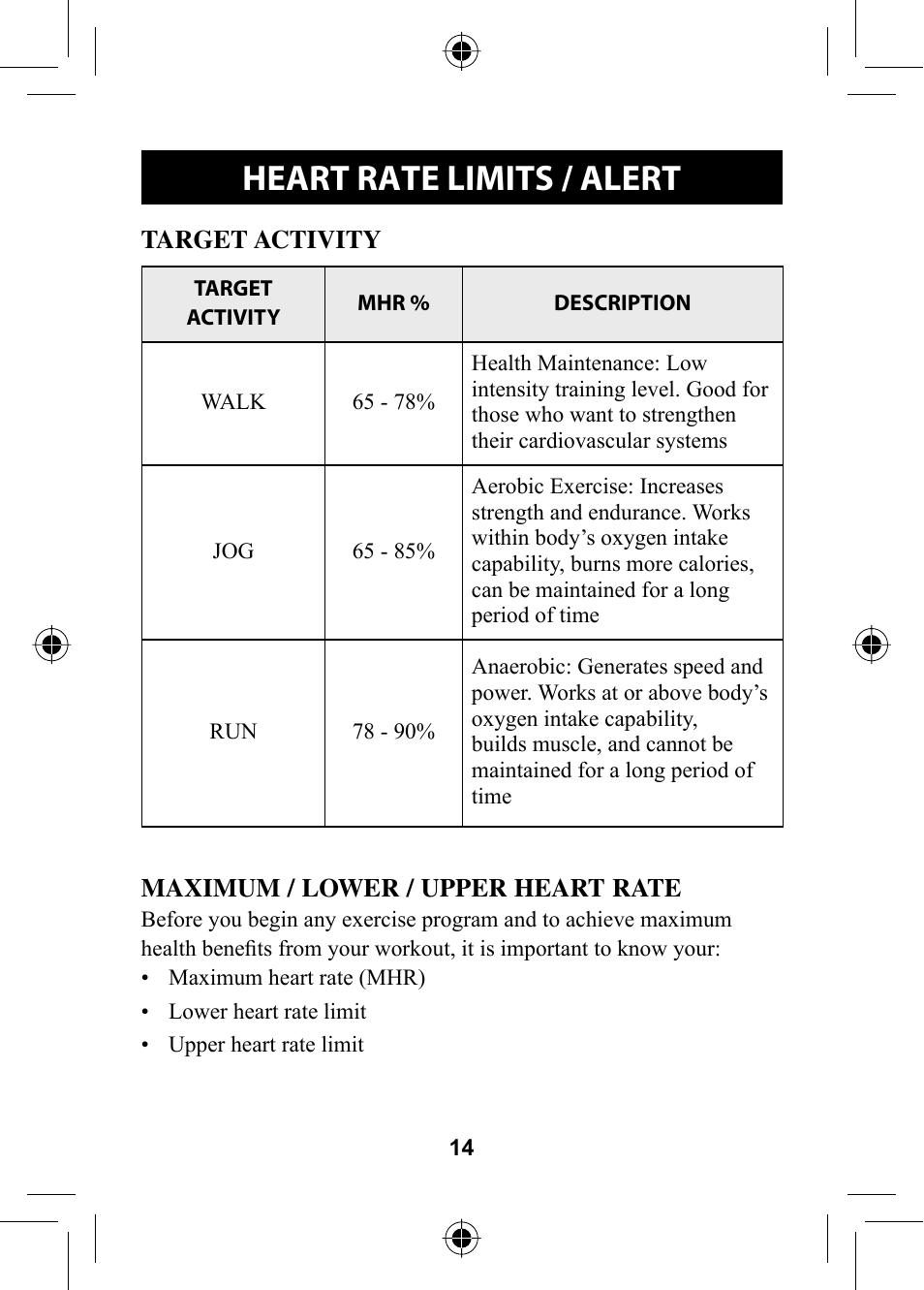 Heart rate limits / alert | Omron HR-310 User Manual | Page 14 / 32