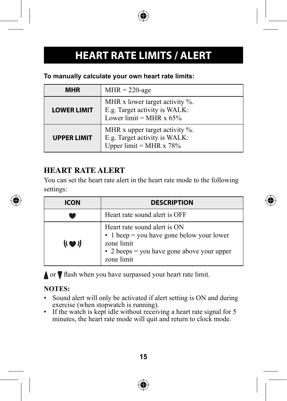 Heart rate limits / alert | Omron HR-310 User Manual | Page 15 / 32