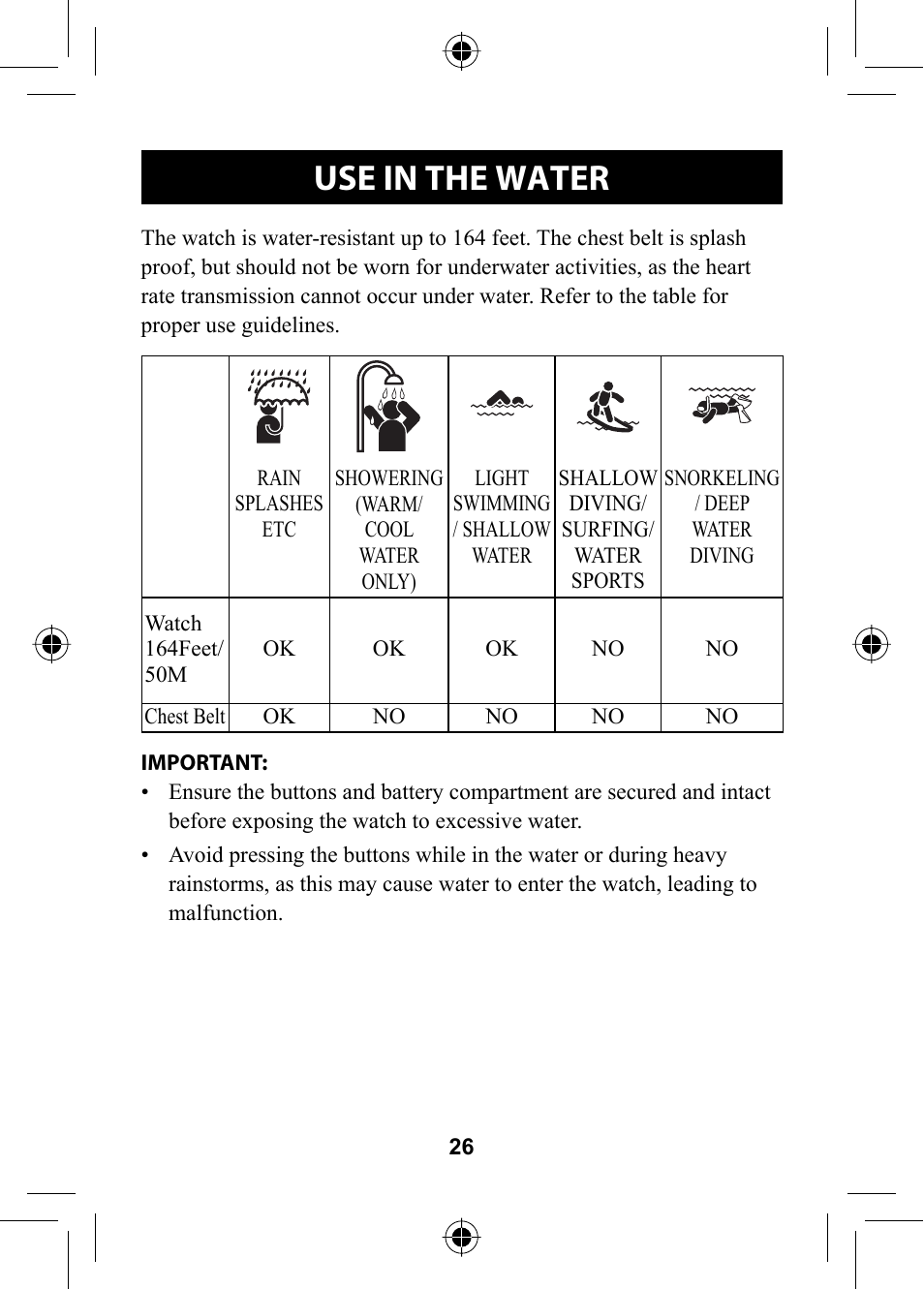 Care and maintenance, Use in the water | Omron HR-310 User Manual | Page 26 / 32