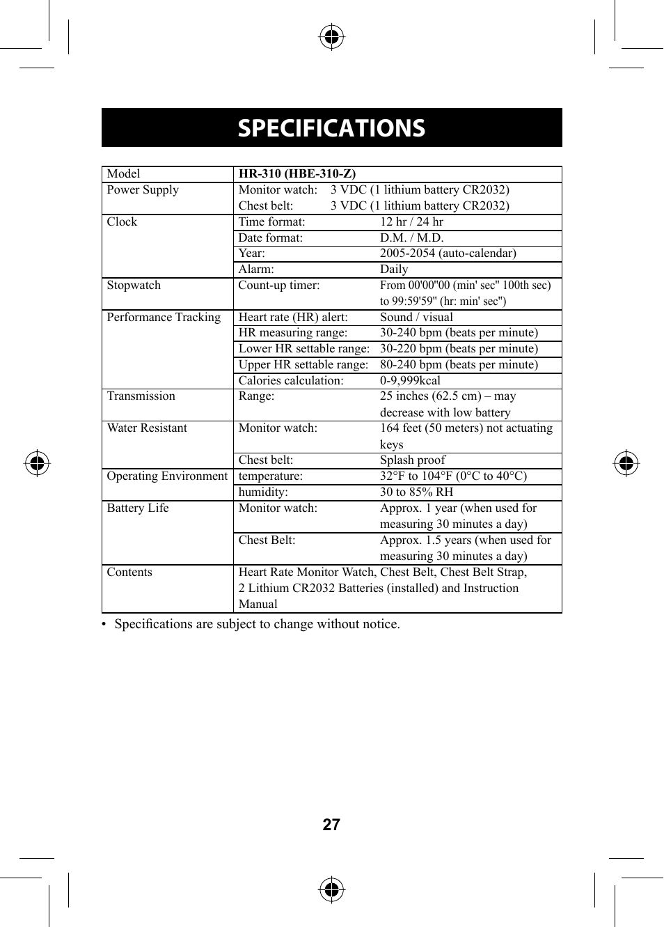 Specifications | Omron HR-310 User Manual | Page 27 / 32