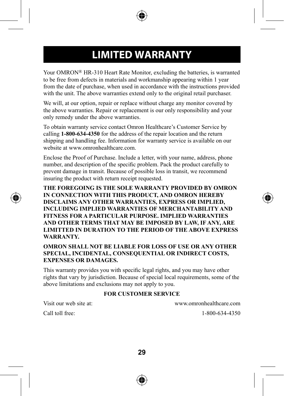 Limited warranty | Omron HR-310 User Manual | Page 29 / 32