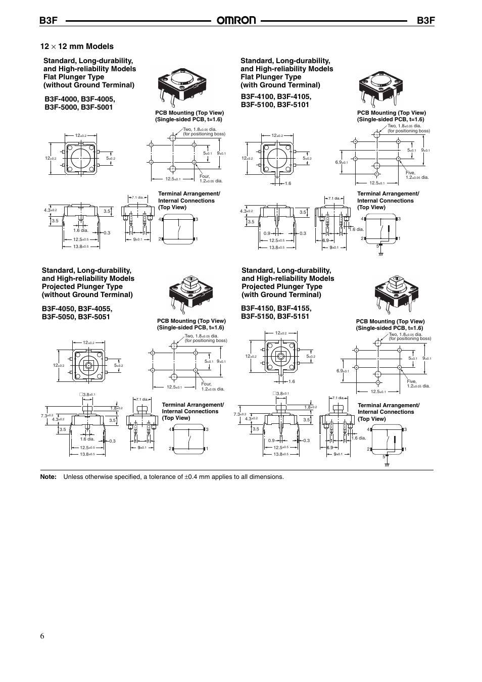 12 × 12 mm models | Omron B3F User Manual | Page 6 / 9