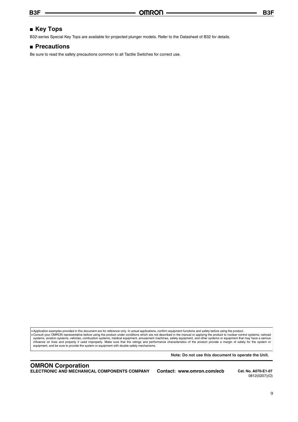 Key tops, Precautions, Omron corporation | Omron B3F User Manual | Page 9 / 9