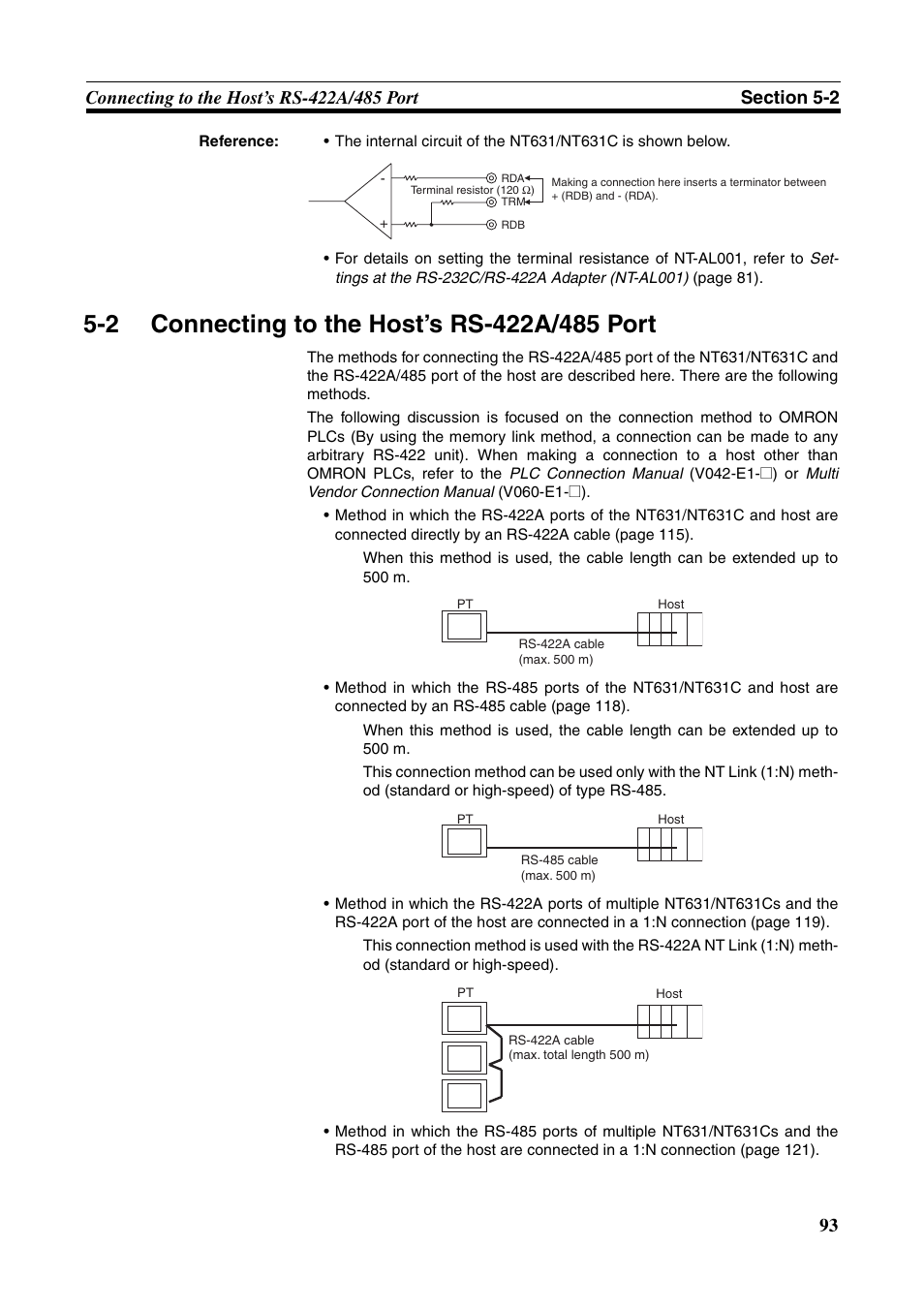 2 connecting to the host’s rs-422a/485 port, Connecting to the host’s rs-422a/485 port | Omron Programmable Terminals NT631C User Manual | Page 110 / 315