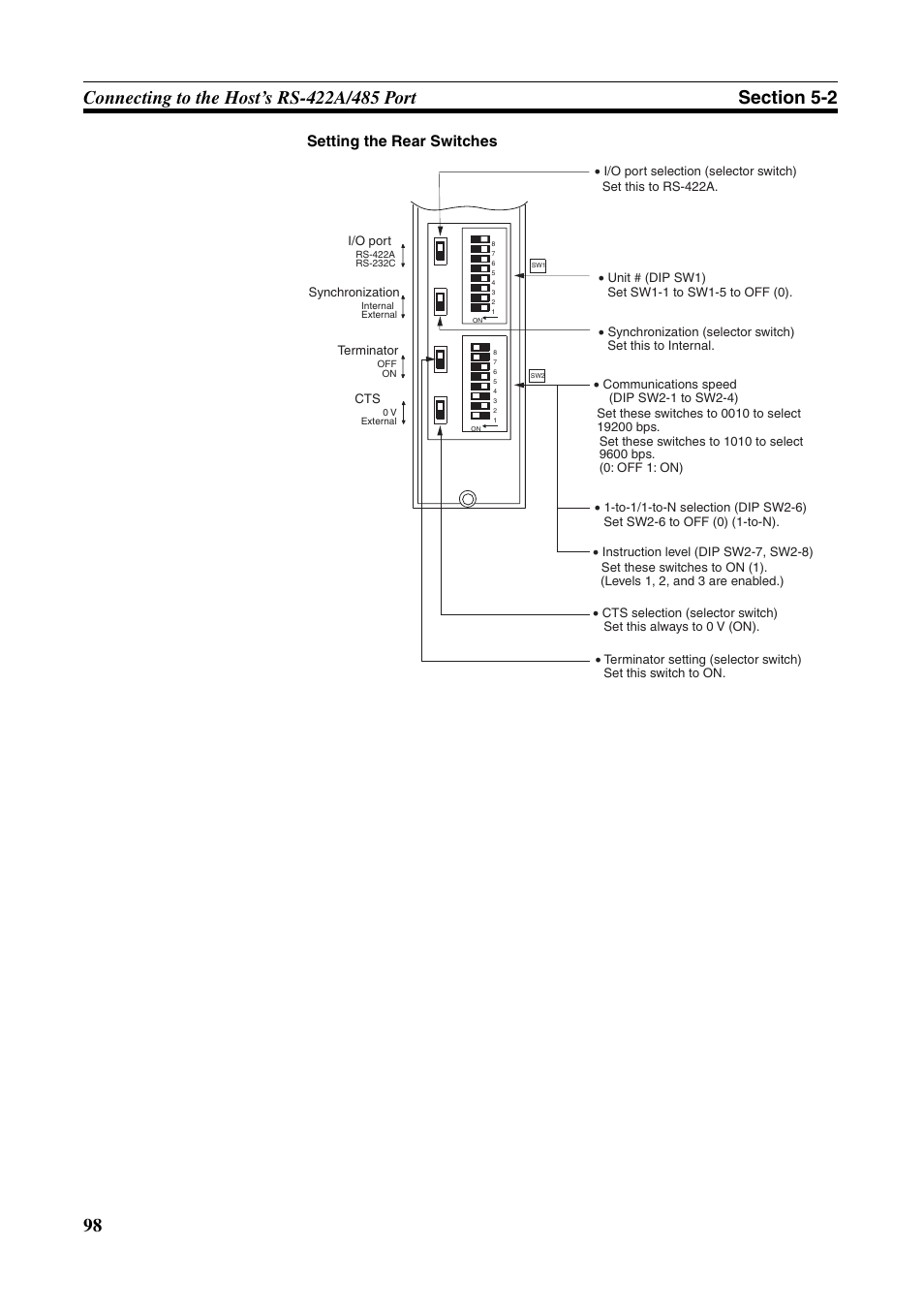 Setting the rear switches | Omron Programmable Terminals NT631C User Manual | Page 115 / 315