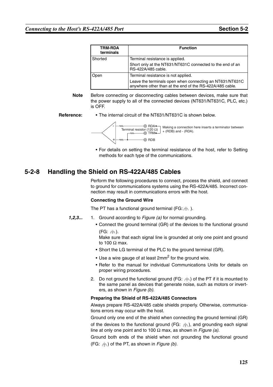 2-8 handling the shield on rs-422a/485 cables, Handling the shield on rs-422a/485 cables, 2-8 handling the shield on rs- 422a/485 cables | Omron Programmable Terminals NT631C User Manual | Page 142 / 315