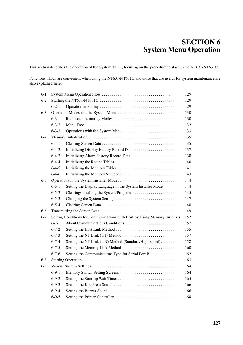 Section 6 system menu operation | Omron Programmable Terminals NT631C User Manual | Page 144 / 315