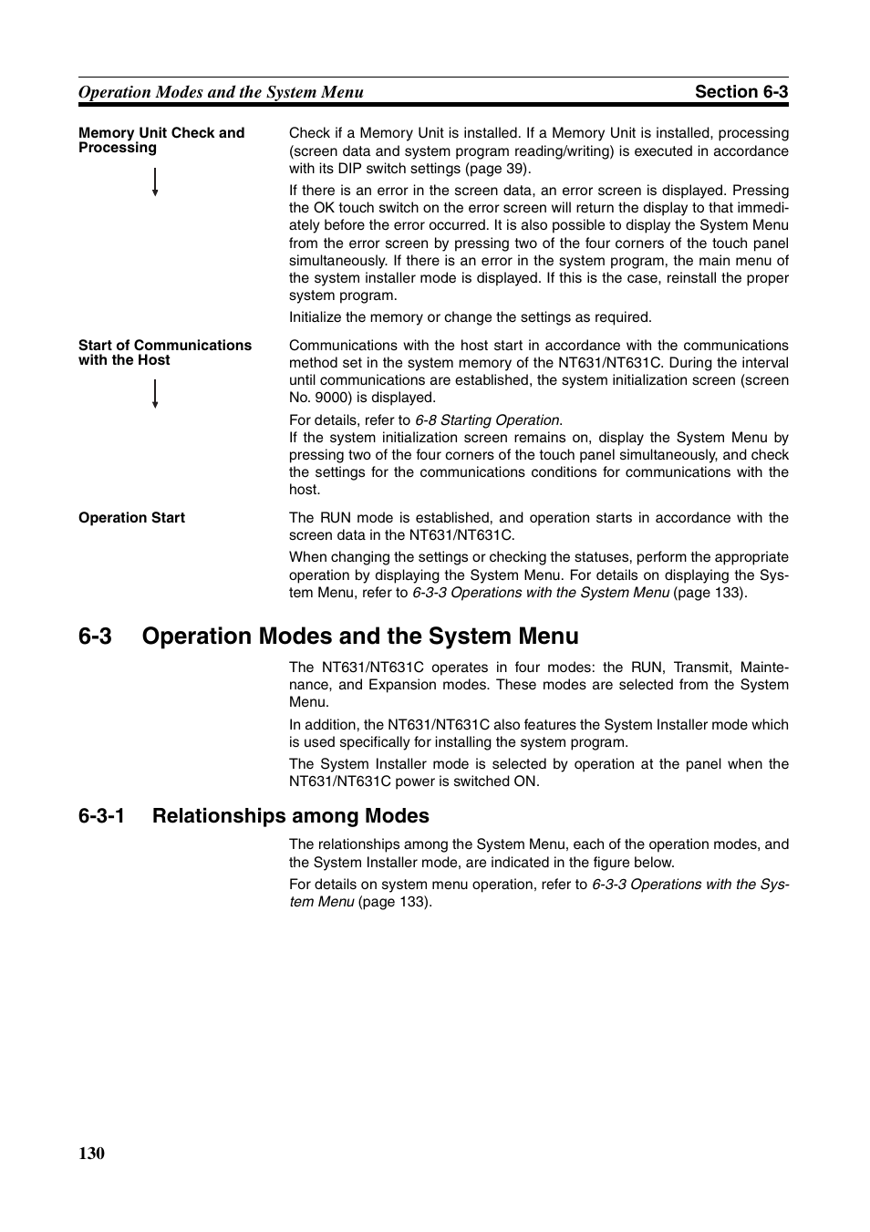3 operation modes and the system menu, 3-1 relationships among modes, Operation modes and the system menu | Relationships among modes | Omron Programmable Terminals NT631C User Manual | Page 147 / 315