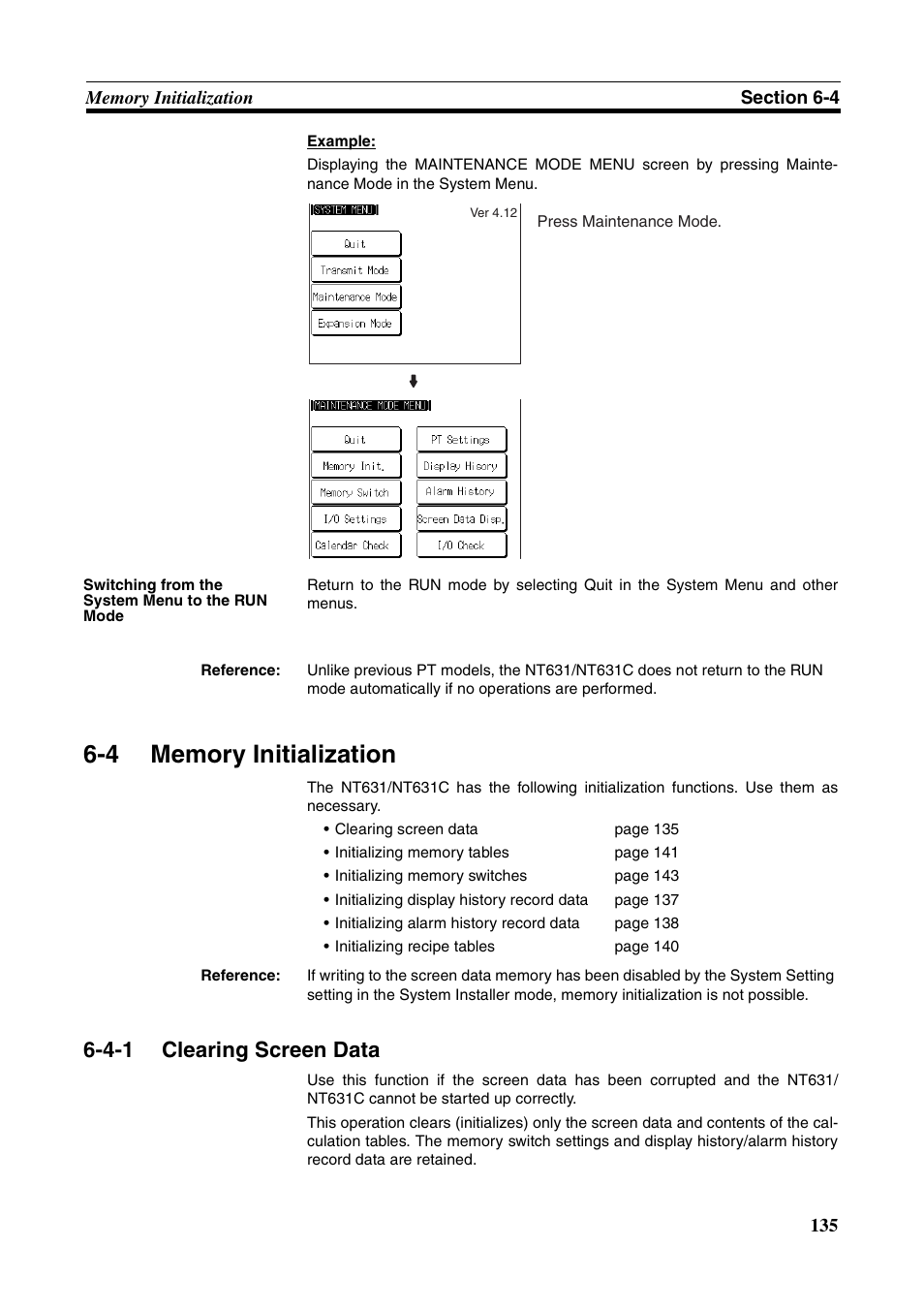 4 memory initialization, 4-1 clearing screen data, Memory initialization | Clearing screen data | Omron Programmable Terminals NT631C User Manual | Page 152 / 315