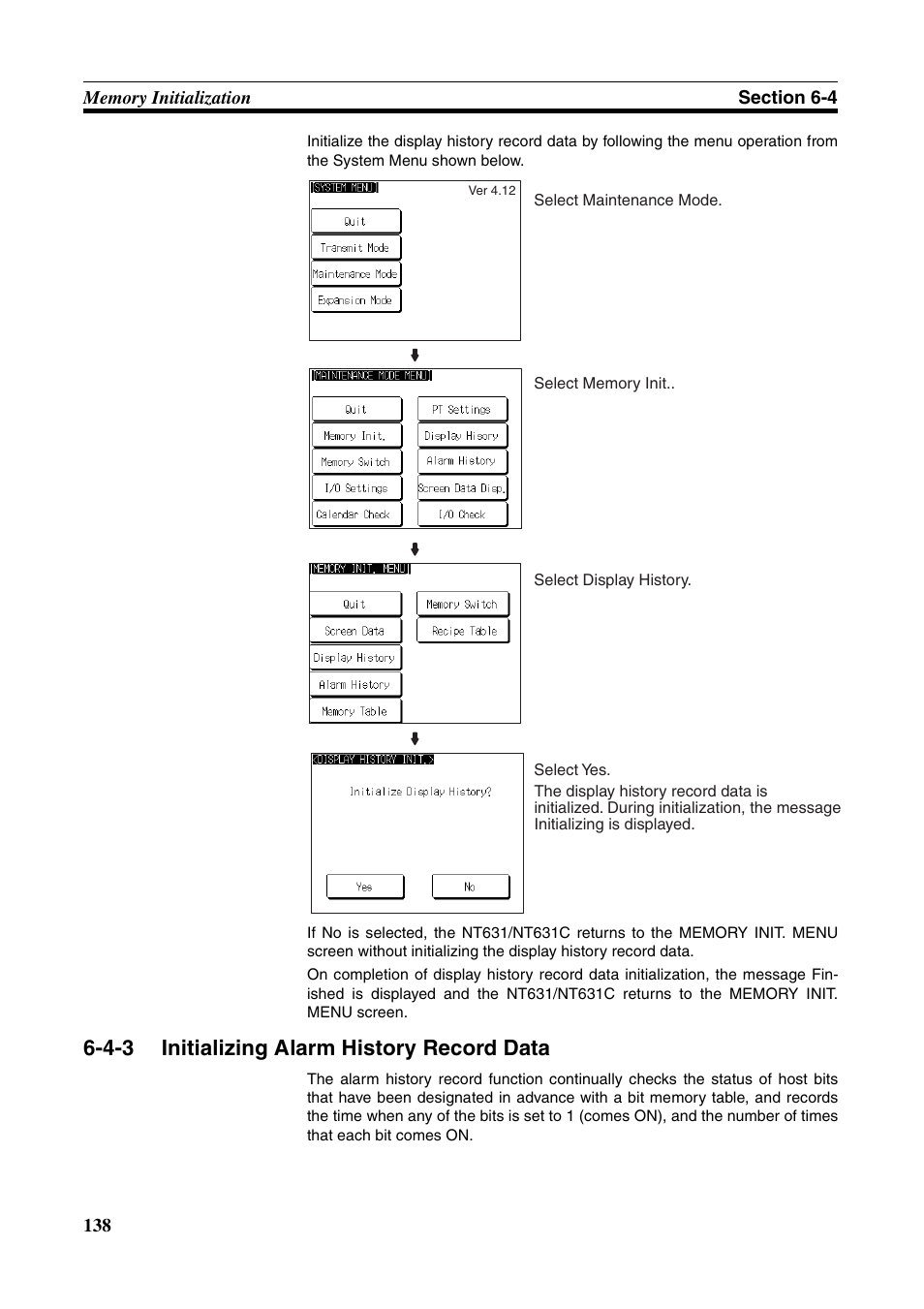 4-3 initializing alarm history record data, Initializing alarm history record data | Omron Programmable Terminals NT631C User Manual | Page 155 / 315