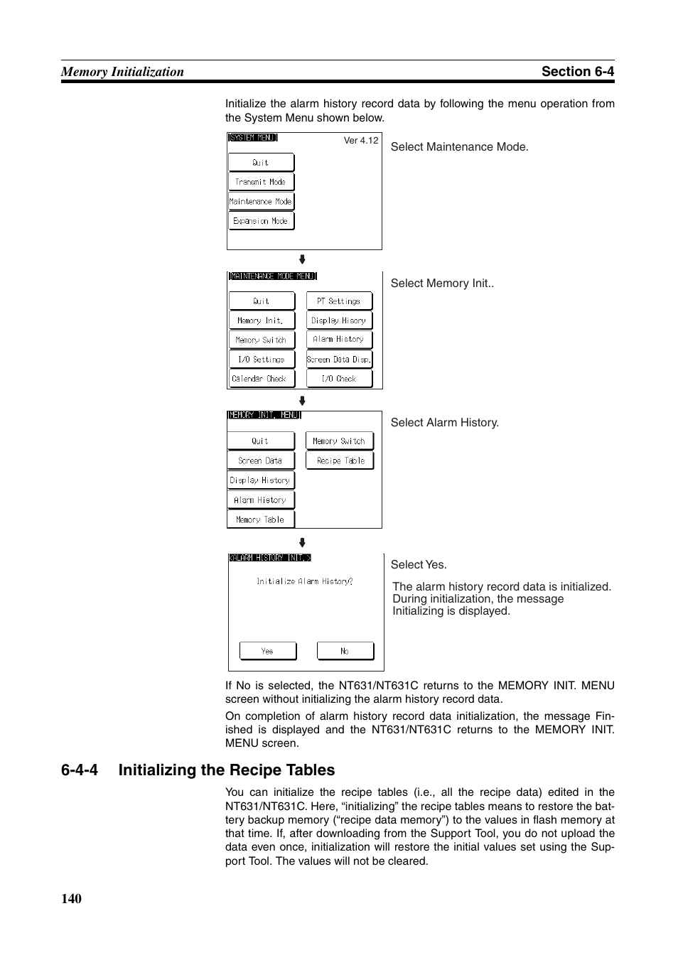 4-4 initializing the recipe tables, Initializing the recipe tables | Omron Programmable Terminals NT631C User Manual | Page 157 / 315
