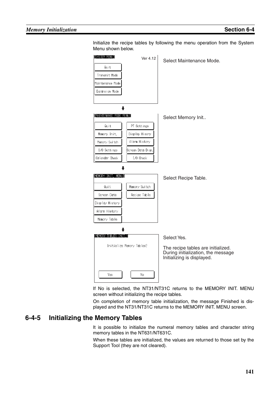 4-5 initializing the memory tables, Initializing the memory tables | Omron Programmable Terminals NT631C User Manual | Page 158 / 315
