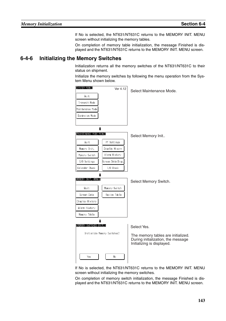 4-6 initializing the memory switches, Initializing the memory switches | Omron Programmable Terminals NT631C User Manual | Page 160 / 315
