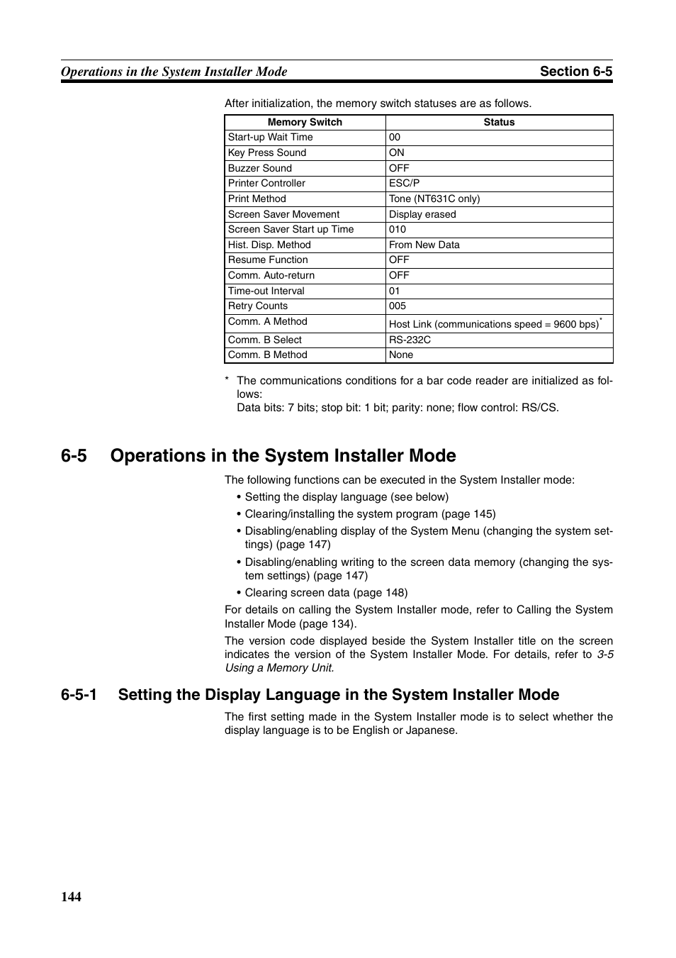 5 operations in the system installer mode, Operations in the system installer mode, When rs-232c used at the pt | Omron Programmable Terminals NT631C User Manual | Page 161 / 315