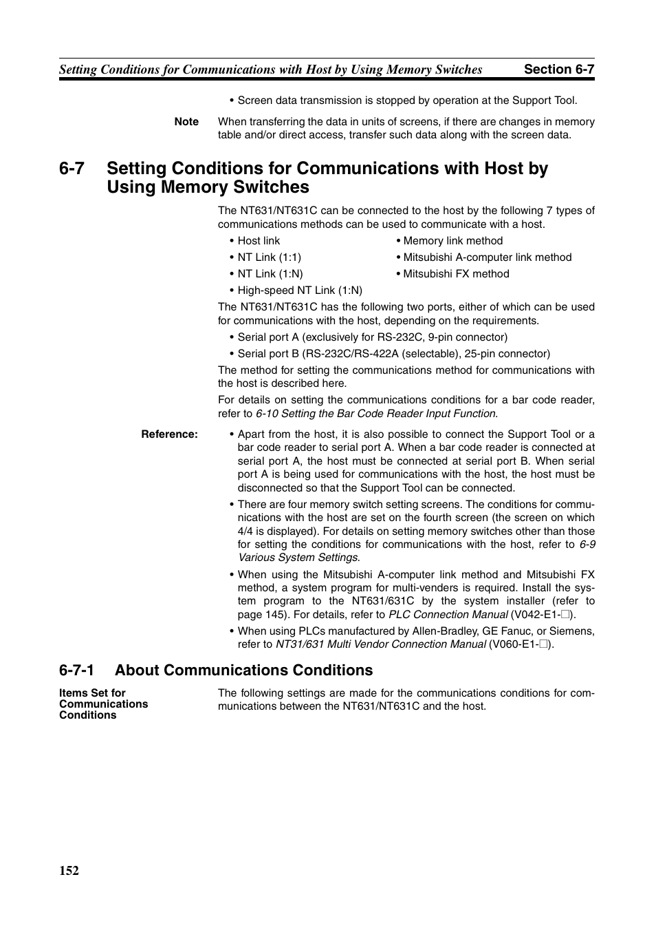 7-1 about communications conditions, About communications conditions | Omron Programmable Terminals NT631C User Manual | Page 169 / 315