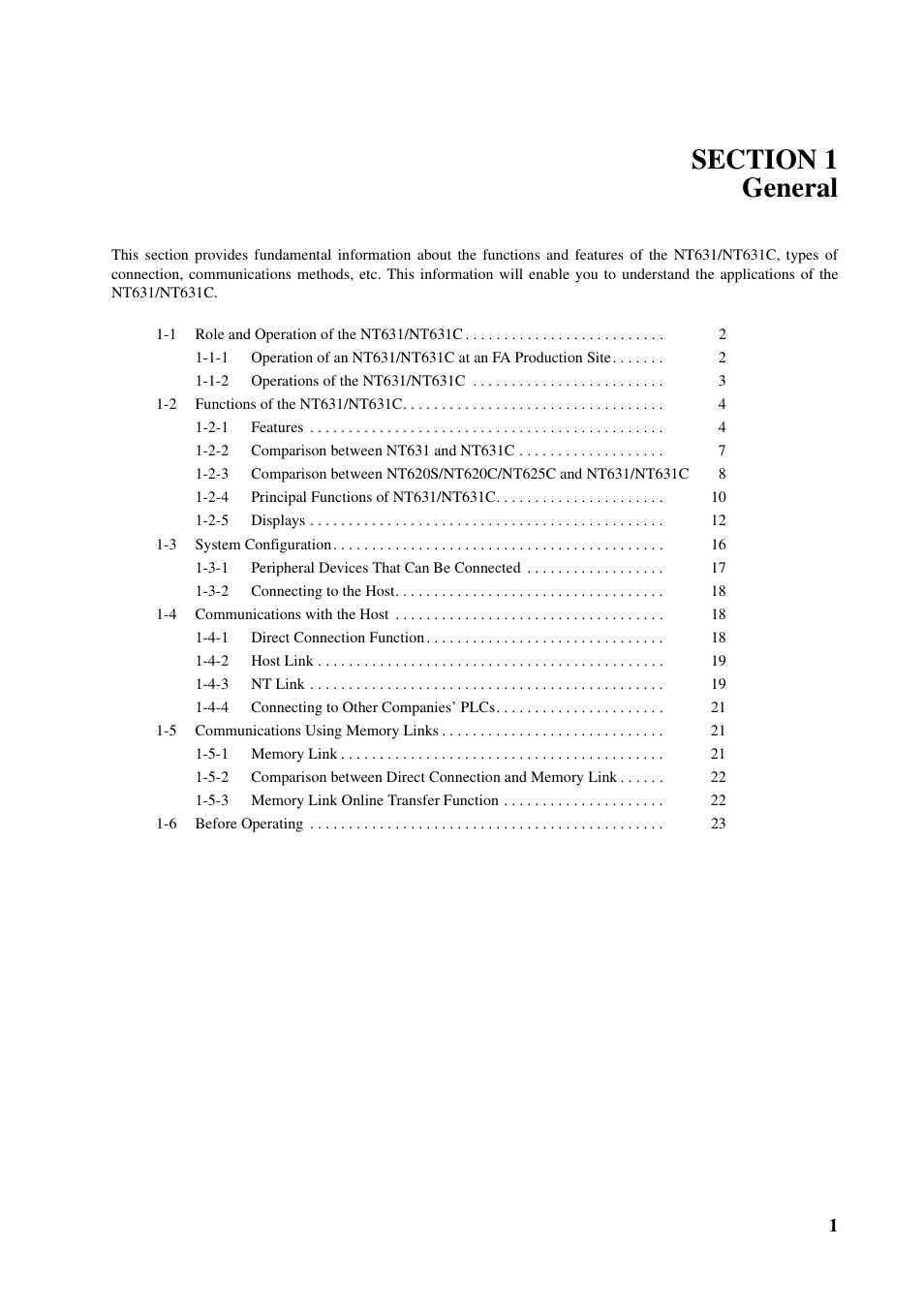 Section 1 general | Omron Programmable Terminals NT631C User Manual | Page 18 / 315