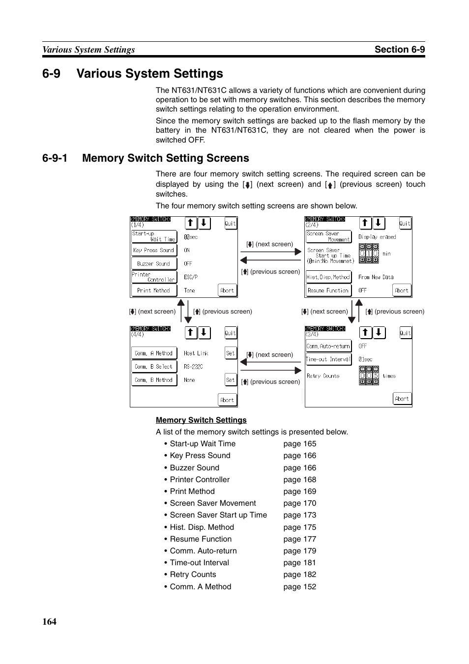 9 various system settings, 9-1 memory switch setting screens, Various system settings | Memory switch setting screens | Omron Programmable Terminals NT631C User Manual | Page 181 / 315