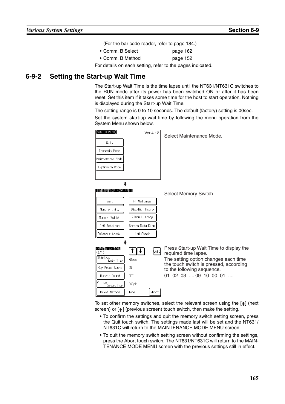 9-2 setting the start-up wait time, Setting the start-up wait time | Omron Programmable Terminals NT631C User Manual | Page 182 / 315
