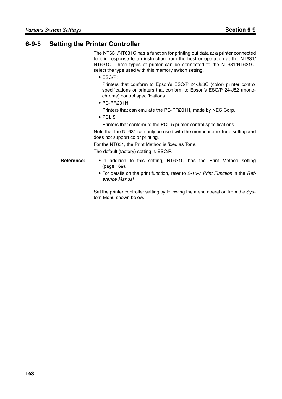 9-5 setting the printer controller, Setting the printer controller | Omron Programmable Terminals NT631C User Manual | Page 185 / 315