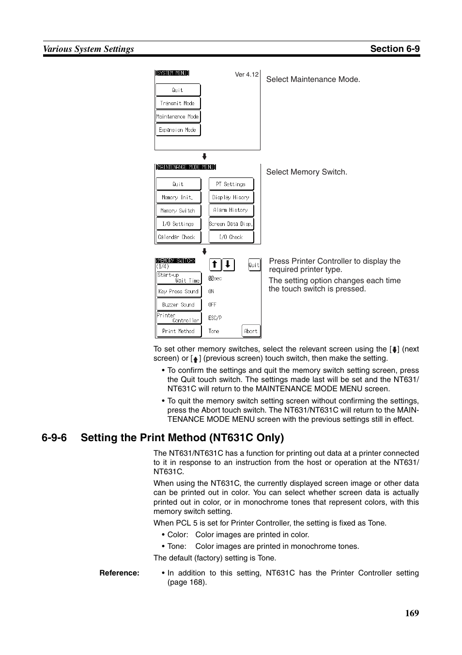 9-6 setting the print method (nt631c only), Setting the print method (nt631c only) | Omron Programmable Terminals NT631C User Manual | Page 186 / 315