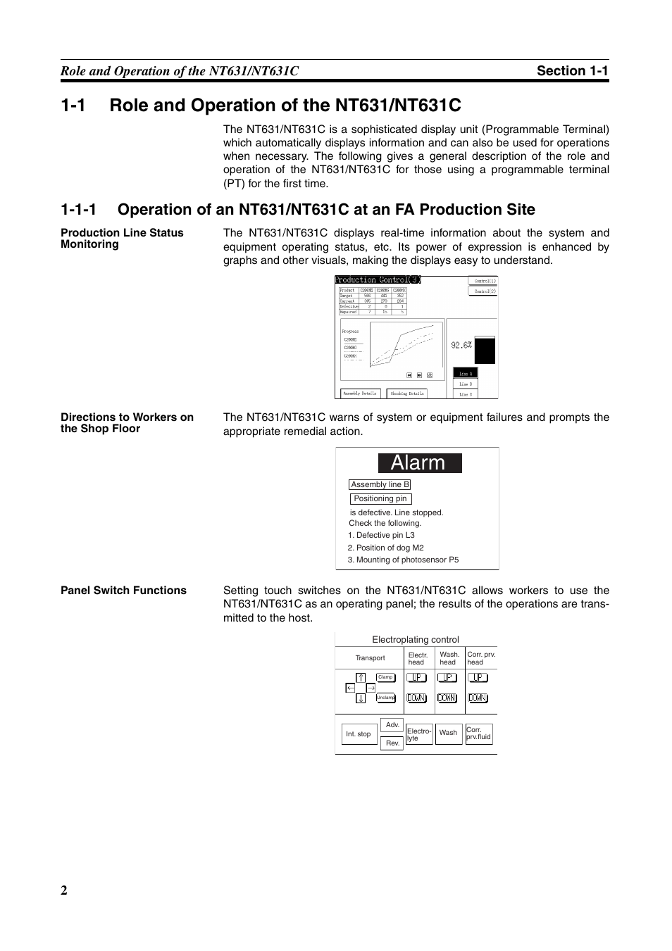 1 role and operation of the nt631/nt631c, Role and operation of the nt631/nt631c, Alarm | Omron Programmable Terminals NT631C User Manual | Page 19 / 315