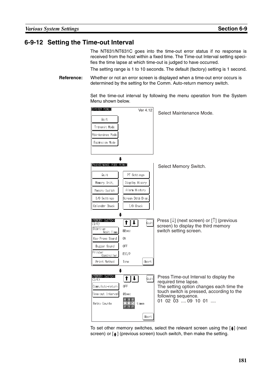 9-12 setting the time-out interval, Setting the time-out interval | Omron Programmable Terminals NT631C User Manual | Page 198 / 315
