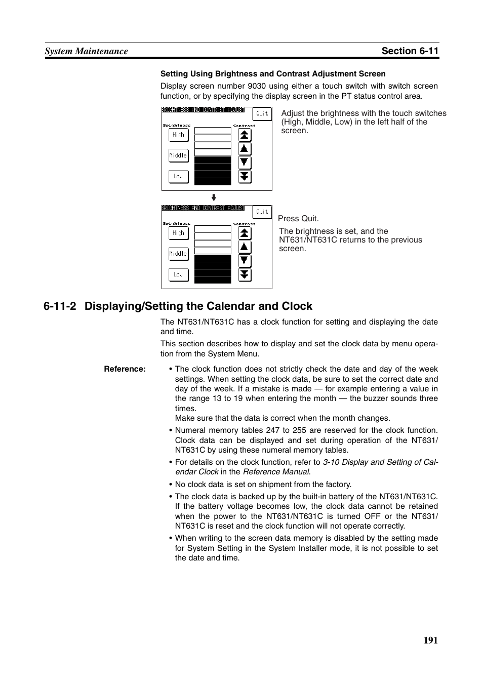 11-2 displaying/setting the calendar and clock, Displaying/setting the calendar and clock | Omron Programmable Terminals NT631C User Manual | Page 208 / 315