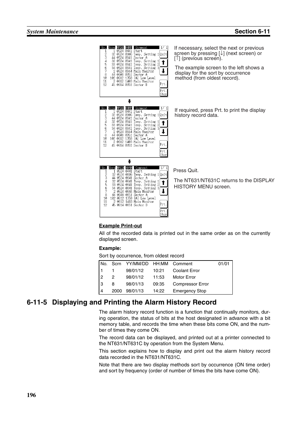 Displaying and printing the alarm history record | Omron Programmable Terminals NT631C User Manual | Page 213 / 315