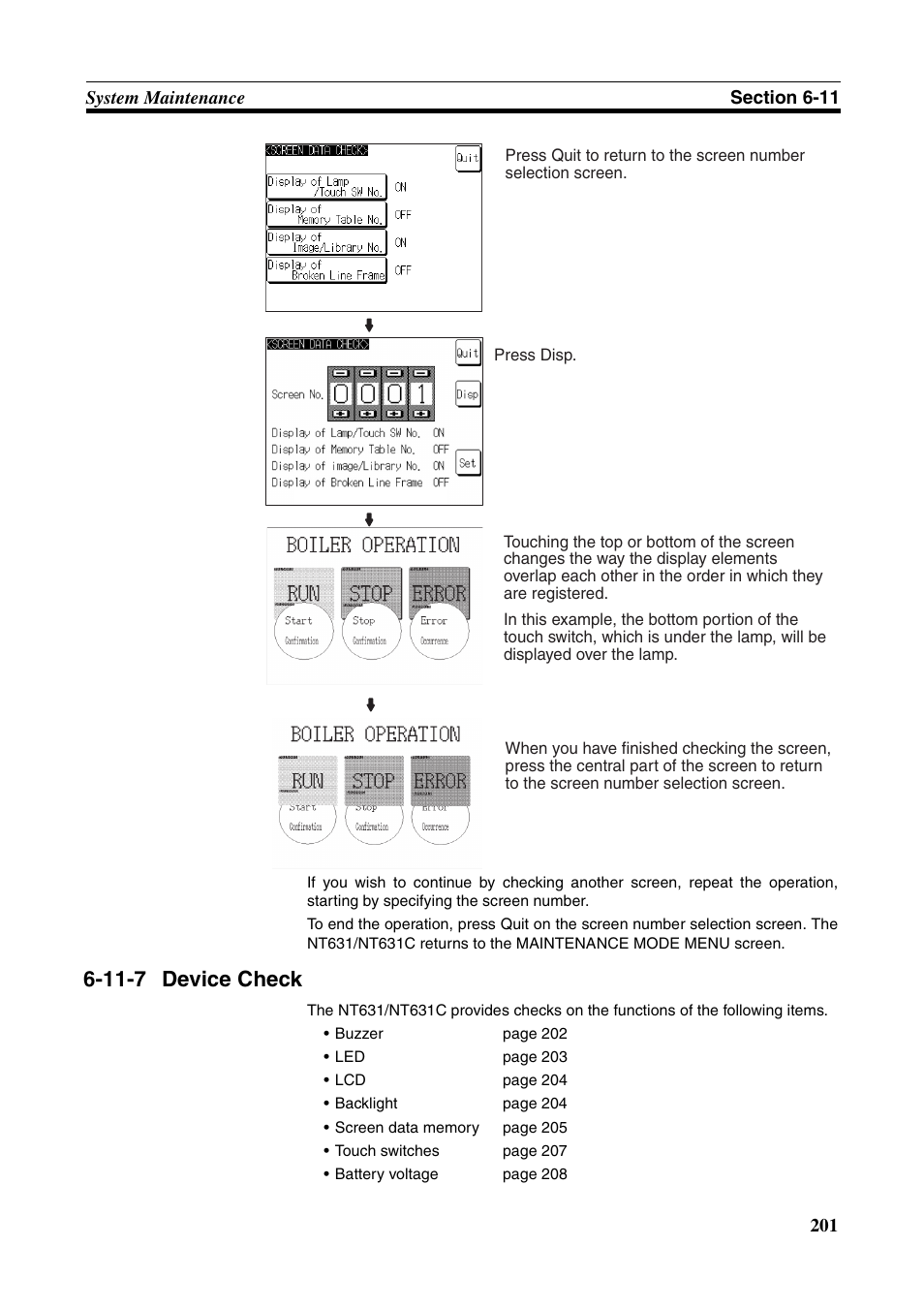 11-7 device check, Device check | Omron Programmable Terminals NT631C User Manual | Page 218 / 315