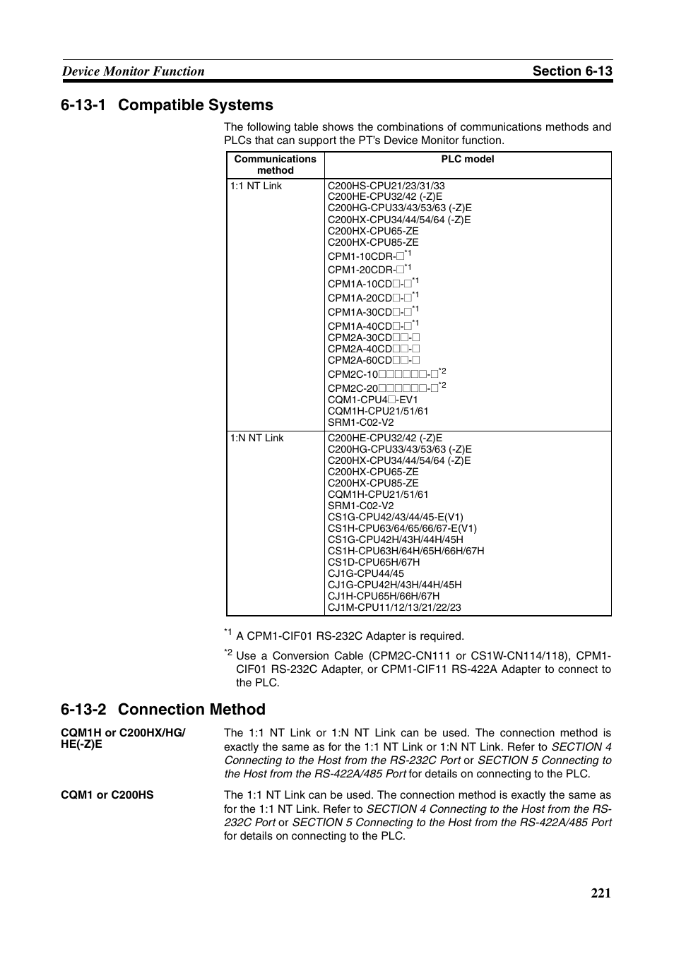 13-1 compatible systems, 13-2 connection method, Compatible systems | Connection method | Omron Programmable Terminals NT631C User Manual | Page 238 / 315