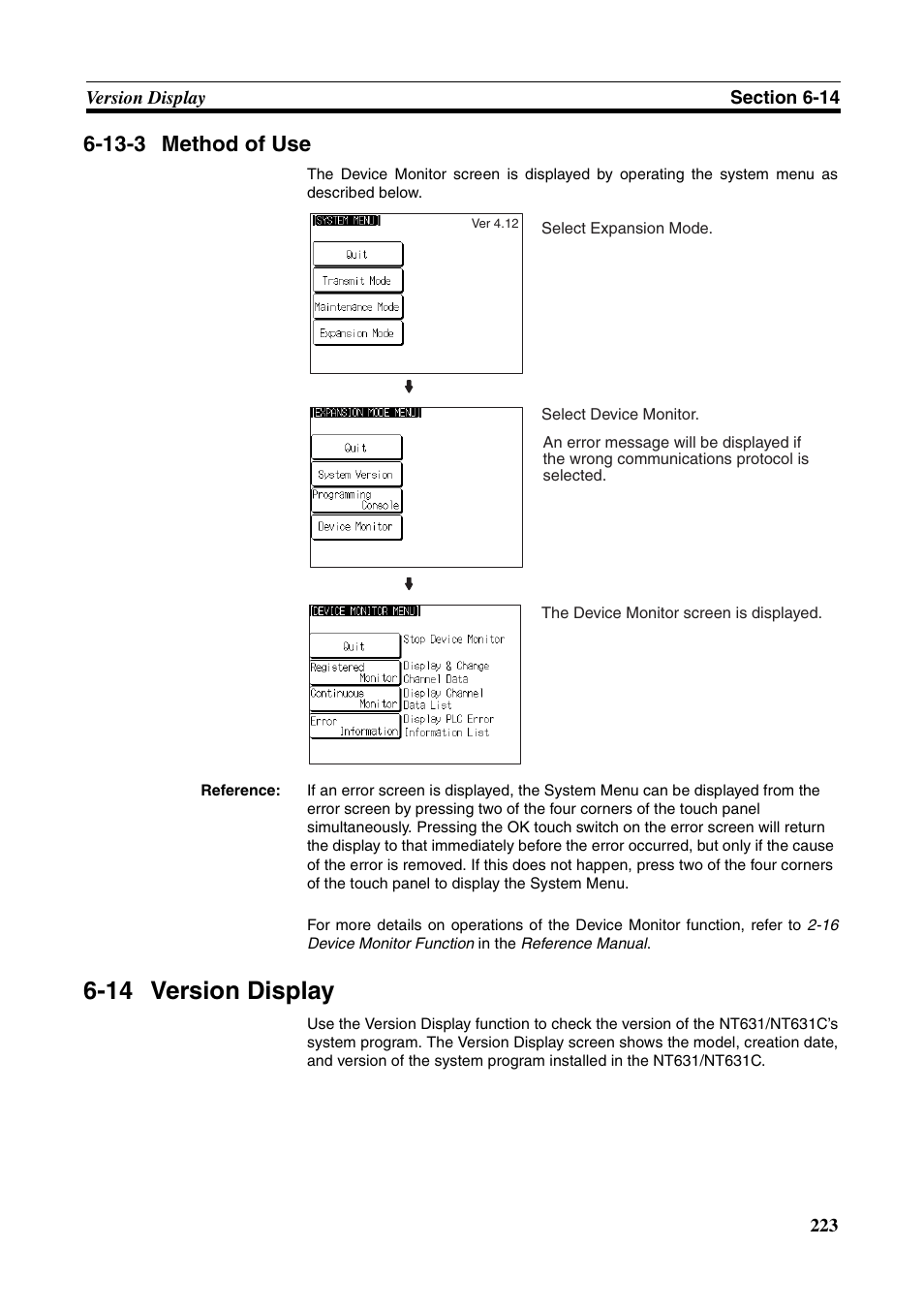 13-3 method of use, 14 version display, Method of use | To 6-14 version dis- play | Omron Programmable Terminals NT631C User Manual | Page 240 / 315