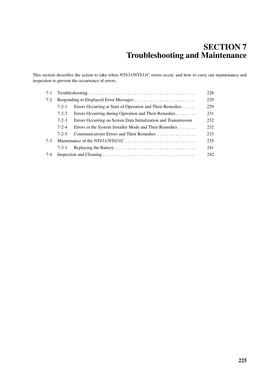 Section 7 troubleshooting and maintenance | Omron Programmable Terminals NT631C User Manual | Page 242 / 315