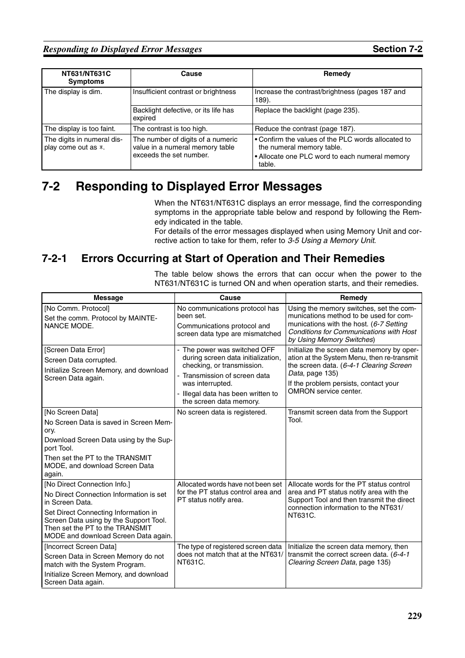 2 responding to displayed error messages, Responding to displayed error messages | Omron Programmable Terminals NT631C User Manual | Page 246 / 315