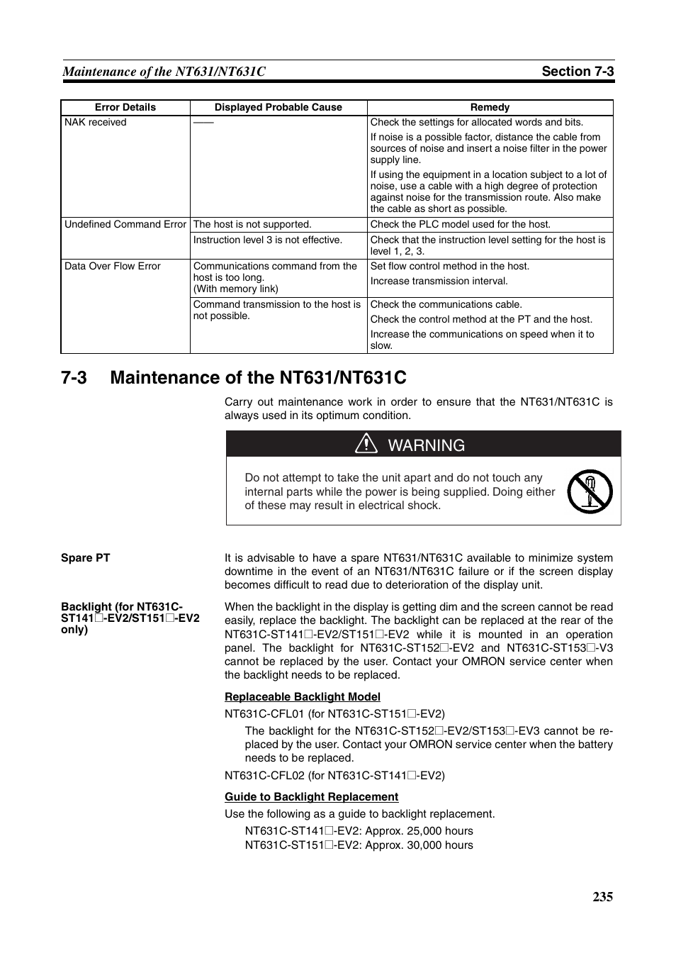 3 maintenance of the nt631/nt631c, Maintenance of the nt631/nt631c, Warning | Omron Programmable Terminals NT631C User Manual | Page 252 / 315